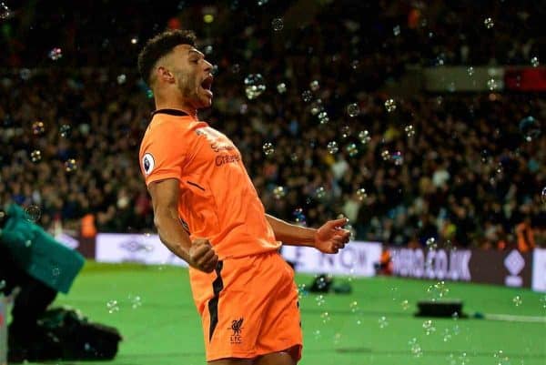 LONDON, ENGLAND - Saturday, November 4, 2017: Liverpool's Alex Oxlade-Chamberlain celebrates scoring the third goal during the FA Premier League match between West Ham United FC and Liverpool FC at the London Stadium. (Pic by David Rawcliffe/Propaganda)