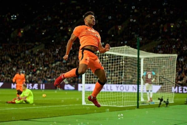 LONDON, ENGLAND - Saturday, November 4, 2017: Liverpool's Alex Oxlade-Chamberlain celebrates scoring the third goal during the FA Premier League match between West Ham United FC and Liverpool FC at the London Stadium. (Pic by David Rawcliffe/Propaganda)