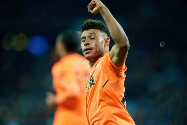 LONDON, ENGLAND - Saturday, November 4, 2017: Liverpool's Alex Oxlade-Chamberlain scores the third goal during the FA Premier League match between West Ham United FC and Liverpool FC at the London Stadium. (Pic by David Rawcliffe/Propaganda)