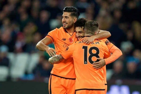 LONDON, ENGLAND - Saturday, November 4, 2017: Liverpool's Mohamed Salah celebrates scoring the fourth goal with team-mates Emre Can and Alberto Moreno during the FA Premier League match between West Ham United FC and Liverpool FC at the London Stadium. (Pic by David Rawcliffe/Propaganda)