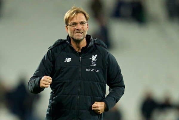 LONDON, ENGLAND - Saturday, November 4, 2017: Liverpool's manager J¸rgen Klopp celebrates with the supporters after the 4-1 victory over West Ham United during the FA Premier League match between West Ham United FC and Liverpool FC at the London Stadium. (Pic by David Rawcliffe/Propaganda)