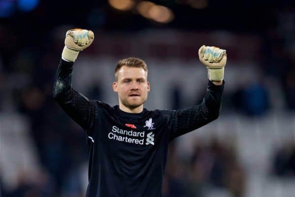 LONDON, ENGLAND - Saturday, November 4, 2017: Liverpool's goalkeeper Simon Mignolet celebrates with the supporters after the 4-1 victory over West Ham United during the FA Premier League match between West Ham United FC and Liverpool FC at the London Stadium. (Pic by David Rawcliffe/Propaganda)