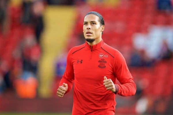 LIVERPOOL, ENGLAND - Saturday, October 28, 2017: Southampton's Virgil Van Dijk during the pre-match warm-up before the FA Premier League match between Liverpool and Southampton at Anfield. (Pic by David Rawcliffe/Propaganda)