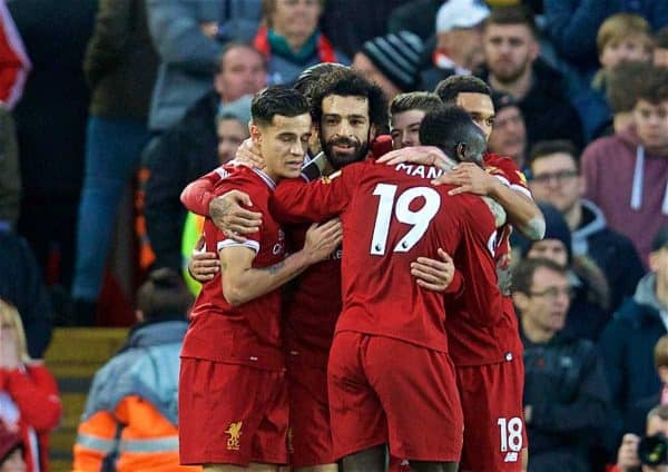 LIVERPOOL, ENGLAND - Saturday, October 28, 2017: Liverpool's Mohamed Salah celebrates scoring the second goal during the FA Premier League match between Liverpool and Southampton at Anfield. (Pic by David Rawcliffe/Propaganda)