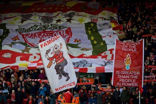 LIVERPOOL, ENGLAND - Saturday, October 28, 2017: Liverpool supporters' banner "The power of the people is greater than the people in power" on the Spion Kop before the FA Premier League match between Liverpool and Southampton at Anfield. (Pic by David Rawcliffe/Propaganda)