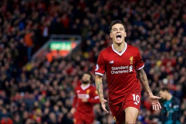 LIVERPOOL, ENGLAND - Saturday, October 28, 2017: Liverpool's Philippe Coutinho Correia celebrates scoring the third goal during the FA Premier League match between Liverpool and Southampton at Anfield. (Pic by David Rawcliffe/Propaganda)