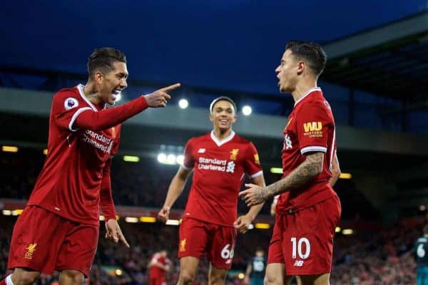 LIVERPOOL, ENGLAND - Saturday, October 28, 2017: Liverpool's Philippe Coutinho Correia celebrates scoring the third goal with team-mate Roberto Firmino during the FA Premier League match between Liverpool and Southampton at Anfield. (Pic by David Rawcliffe/Propaganda)