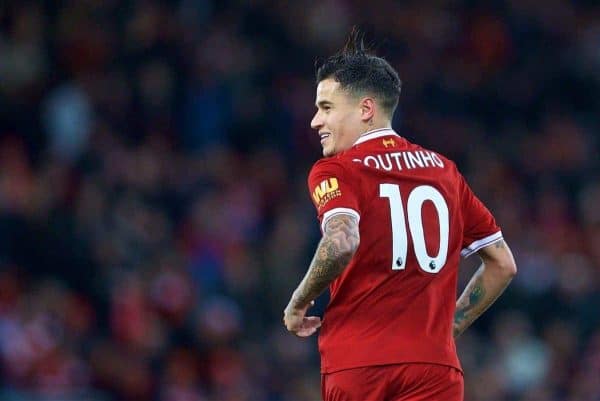 LIVERPOOL, ENGLAND - Saturday, October 28, 2017: Liverpool's Philippe Coutinho Correia celebrates scoring the third goal with team-mate Roberto Firmino during the FA Premier League match between Liverpool and Southampton at Anfield. (Pic by David Rawcliffe/Propaganda)