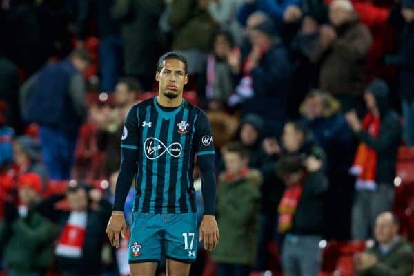 LIVERPOOL, ENGLAND - Saturday, October 28, 2017: Southampton's Virgil Van Dijk during the FA Premier League match between Liverpool and Southampton at Anfield. (Pic by David Rawcliffe/Propaganda)