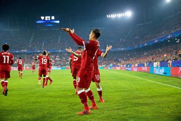 SEVILLE, SPAIN - Tuesday, November 21, 2017: Liverpool's Roberto Firmino celebrates scoring the first goal during the UEFA Champions League Group E match between Sevilla FC and Liverpool FC at the Estadio Ramón Sánchez Pizjuán. (Pic by David Rawcliffe/Propaganda)