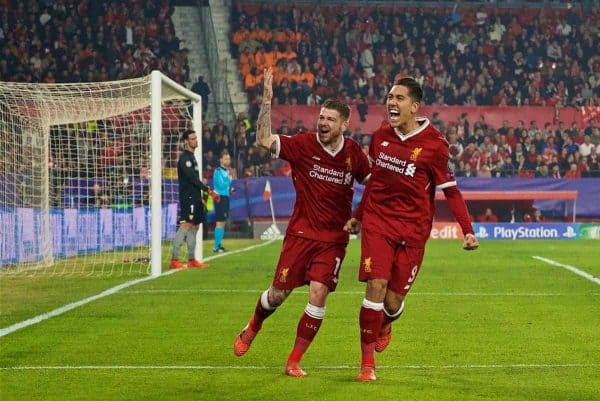 SEVILLE, SPAIN - Tuesday, November 21, 2017: Liverpool's Alberto Moreno and Roberto Firmino celebrates the second goal during the UEFA Champions League Group E match between Sevilla FC and Liverpool FC at the Estadio RamÛn S·nchez Pizju·n. (Pic by David Rawcliffe/Propaganda)