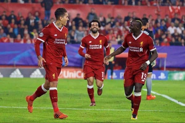 SEVILLE, SPAIN - Tuesday, November 21, 2017: Liverpool's Roberto Firmino celebrates scoring the third goal during the UEFA Champions League Group E match between Sevilla FC and Liverpool FC at the Estadio RamÛn S·nchez Pizju·n. (Pic by David Rawcliffe/Propaganda)