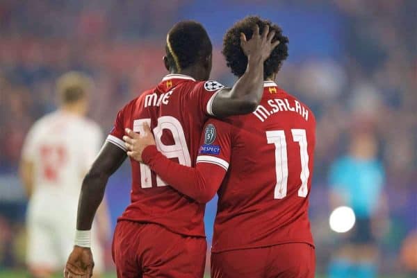 SEVILLE, SPAIN - Tuesday, November 21, 2017: Liverpool's Sadio Mane celebrates scoring the second goal with team-mate Mohamed Salah during the UEFA Champions League Group E match between Sevilla FC and Liverpool FC at the Estadio Ramón Sánchez Pizjuán. (Pic by David Rawcliffe/Propaganda)