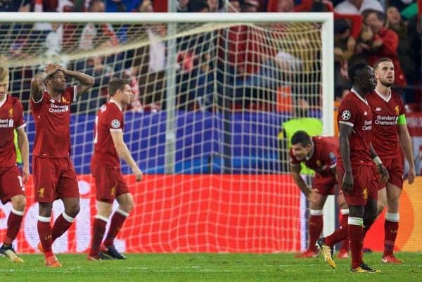 SEVILLE, SPAIN - Tuesday, November 21, 2017: Liverpool players Joe Gomez, Ragnar Klavan, Georginio Wijnaldum looks dejected after throwing away a three goal half-time lead as Sevilla score a late equalising goal during the UEFA Champions League Group E match between Sevilla FC and Liverpool FC at the Estadio RamÛn S·nchez Pizju·n. (Pic by David Rawcliffe/Propaganda)