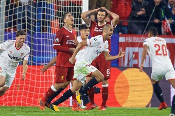 SEVILLE, SPAIN - Tuesday, November 21, 2017: Sevilla's Guido Pizarro celebrates scoring a late equalising goal to seal a dramatic 3-3 draw, after being down 3-0 at half-time, during the UEFA Champions League Group E match between Sevilla FC and Liverpool FC at the Estadio RamÛn S·nchez Pizju·n. (Pic by David Rawcliffe/Propaganda)