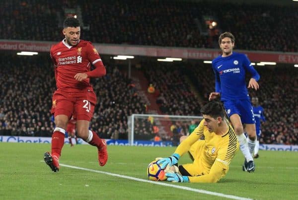 LIVERPOOL, ENGLAND - Saturday, November 25, 2017: Liverpoolís Alex Oxlade-Chamberlain (L) is beaten by Chelsea's goalkeeper Thibaut Courtois during the FA Premier League match between Liverpool and Chelsea at Anfield. (Pic by Lindsey Parnaby/Propaganda)