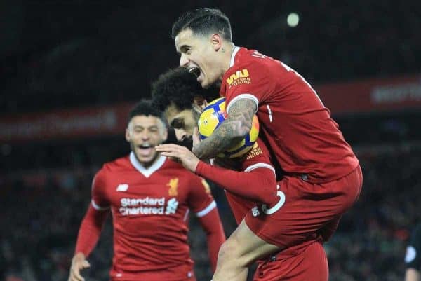 LIVERPOOL, ENGLAND - Saturday, November 25, 2017:Liverpool’s Mohamed Salah celebrates scoring the opening goal against Chelsea with teammate Liverpool’s Philippe Coutinho during the FA Premier League match between Liverpool and Chelsea at Anfield. (Pic by Lindsey Parnaby/Propaganda)