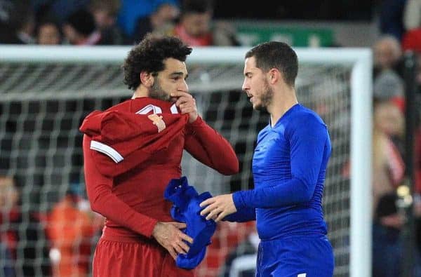 LIVERPOOL, ENGLAND - Saturday, November 25, 2017: Liverpoolís Mohamed Salah swaps shirts with Chelseaís Eden Hazard after the FA Premier League match between Liverpool and Chelsea at Anfield. (Pic by Lindsey Parnaby/Propaganda)