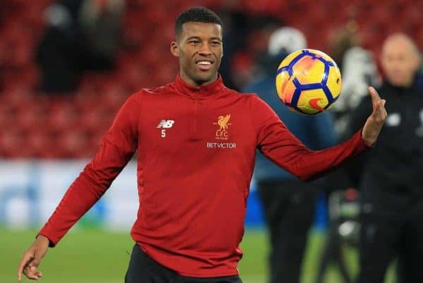 LIVERPOOL, ENGLAND - Saturday, November 25, 2017: Liverpoolís Georginio Wijnaldum in action during warm up for the FA Premier League match between Liverpool and Chelsea at Anfield. (Pic by Lindsey Parnaby/Propaganda)