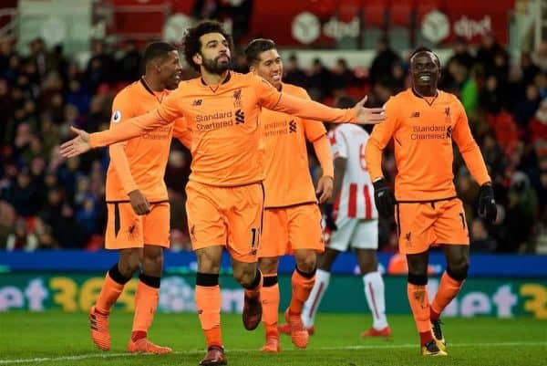 STOKE-ON-TRENT, ENGLAND - Wednesday, November 29, 2017: Liverpool's Mohamed Salah celebrates scoring the second goal during the FA Premier League match between Stoke City and Liverpool at the Bet365 Stadium. (Pic by David Rawcliffe/Propaganda)