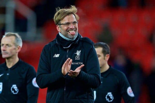 STOKE-ON-TRENT, ENGLAND - Wednesday, November 29, 2017: Liverpool's manager J¸rgen Klopp celebrates his side's 3-0 victory during the FA Premier League match between Stoke City and Liverpool at the Bet365 Stadium. (Pic by David Rawcliffe/Propaganda)