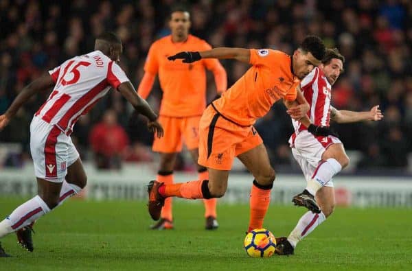 STOKE-ON-TRENT, ENGLAND - Wednesday, November 29, 2017: Liverpool’s Dominic Solanke in acton with Stoke City’s Bruno Martins Indi and Joe Allen during the FA Premier League match between Stoke City and Liverpool at the Bet365 Stadium. (Pic by Peter Powell/Propaganda)