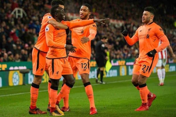 STOKE-ON-TRENT, ENGLAND - Wednesday, November 29, 2017: Liverpoolís Sadio Mane celebrates scoring the opening goal with Dominic Solank , Joe Gomez and Alex Oxlade-Chamberlain during the FA Premier League match between Stoke City and Liverpool at the Bet365 Stadium. (Pic by Peter Powell/Propaganda)