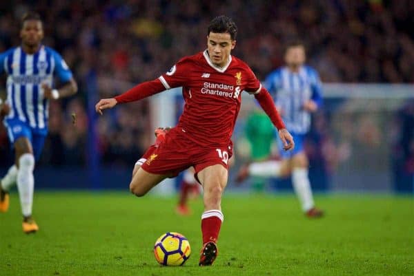 BRIGHTON AND HOVE, ENGLAND - Saturday, December 2, 2017: Liverpool's Philippe Coutinho Correia during the FA Premier League match between Brighton & Hove Albion FC and Liverpool FC at the American Express Community Stadium. (Pic by David Rawcliffe/Propaganda)
