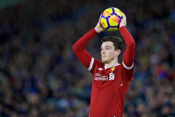 BRIGHTON AND HOVE, ENGLAND - Saturday, December 2, 2017: Liverpool's Andy Robertson takes a throw-in during the FA Premier League match between Brighton & Hove Albion FC and Liverpool FC at the American Express Community Stadium. (Pic by David Rawcliffe/Propaganda)