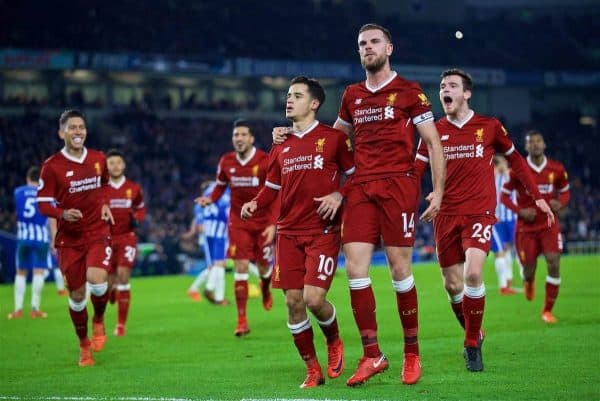 BRIGHTON AND HOVE, ENGLAND - Saturday, December 2, 2017: Liverpool's Philippe Coutinho Correia celebrates scoring the fourth goal with team-mate captain Jordan Henderson during the FA Premier League match between Brighton & Hove Albion FC and Liverpool FC at the American Express Community Stadium. (Pic by David Rawcliffe/Propaganda)