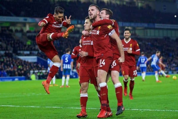 BRIGHTON AND HOVE, ENGLAND - Saturday, December 2, 2017: Liverpool's Philippe Coutinho Correia celebrates scoring the fourth goal with team-mates Roberto Firmino, Andy Robertson, captain Jordan Henderson during the FA Premier League match between Brighton & Hove Albion FC and Liverpool FC at the American Express Community Stadium. (Pic by David Rawcliffe/Propaganda)