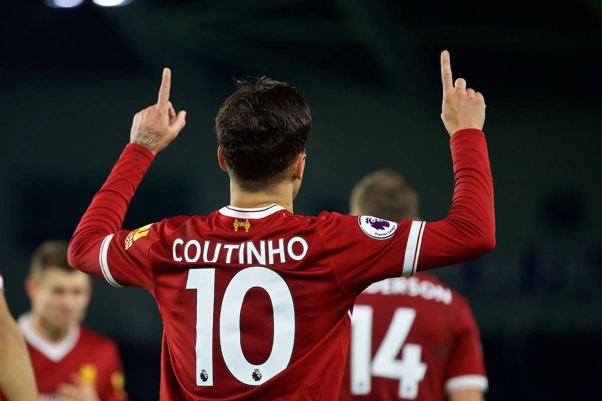 BRIGHTON AND HOVE, ENGLAND - Saturday, December 2, 2017: Liverpool's Philippe Coutinho Correia celebrates scoring the fifth goal during the FA Premier League match between Brighton & Hove Albion FC and Liverpool FC at the American Express Community Stadium. (Pic by David Rawcliffe/Propaganda)