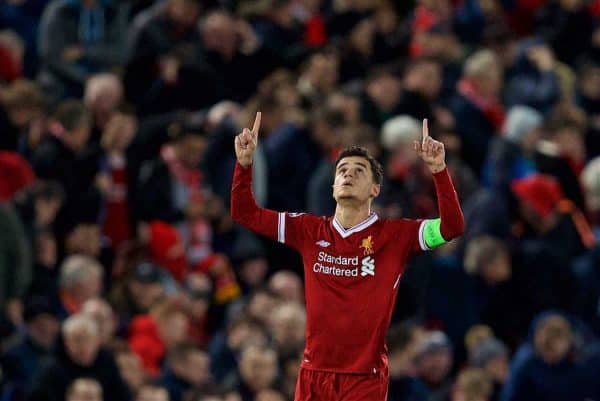 LIVERPOOL, ENGLAND - Wednesday, December 6, 2017: Liverpool's captain Philippe Coutinho Correia celebrates scoring the second goal during the UEFA Champions League Group E match between Liverpool FC and FC Spartak Moscow at Anfield. (Pic by David Rawcliffe/Propaganda)