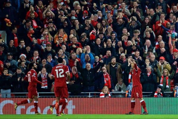 LIVERPOOL, ENGLAND - Wednesday, December 6, 2017: Liverpool's Roberto Firmino celebrates scoring the third goal during the UEFA Champions League Group E match between Liverpool FC and FC Spartak Moscow at Anfield. (Pic by David Rawcliffe/Propaganda)