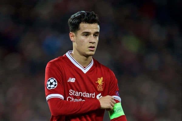 LIVERPOOL, ENGLAND - Wednesday, December 6, 2017: Liverpool's captain Philippe Coutinho Correia adjusts his armband during the UEFA Champions League Group E match between Liverpool FC and FC Spartak Moscow at Anfield. (Pic by David Rawcliffe/Propaganda)