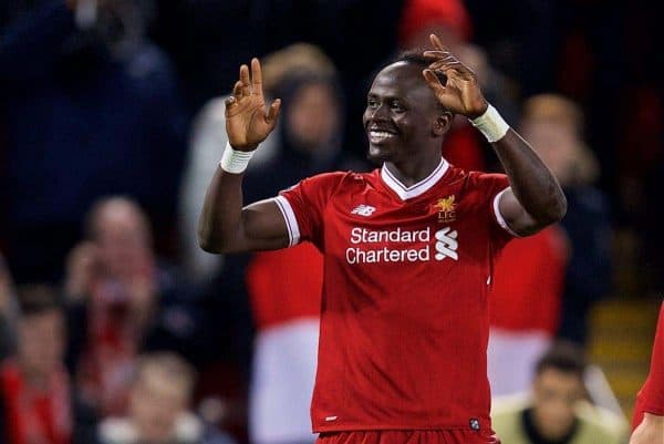 LIVERPOOL, ENGLAND - Wednesday, December 6, 2017: Liverpool's Sadio Mane celebrates scoring the fourth goal during the UEFA Champions League Group E match between Liverpool FC and FC Spartak Moscow at Anfield. (Pic by David Rawcliffe/Propaganda)