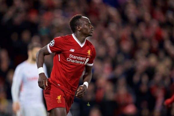 LIVERPOOL, ENGLAND - Wednesday, December 6, 2017: Liverpool's Sadio Mane celebrates scoring the sixth goal during the UEFA Champions League Group E match between Liverpool FC and FC Spartak Moscow at Anfield. (Pic by David Rawcliffe/Propaganda)