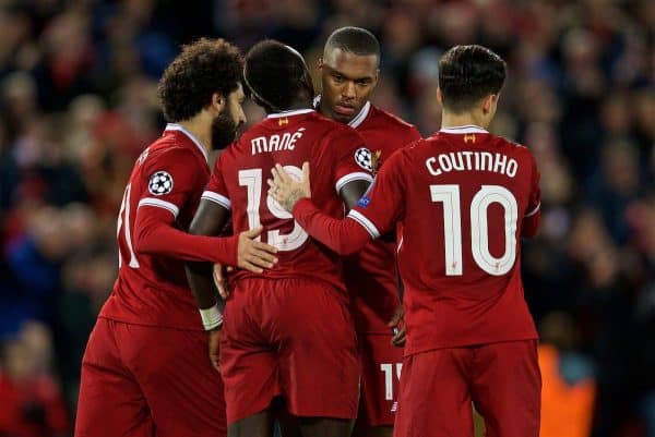 LIVERPOOL, ENGLAND - Wednesday, December 6, 2017: Liverpool's Sadio Mane celebrates scoring the sixth goal with team-mates during the UEFA Champions League Group E match between Liverpool FC and FC Spartak Moscow at Anfield. (Pic by David Rawcliffe/Propaganda)