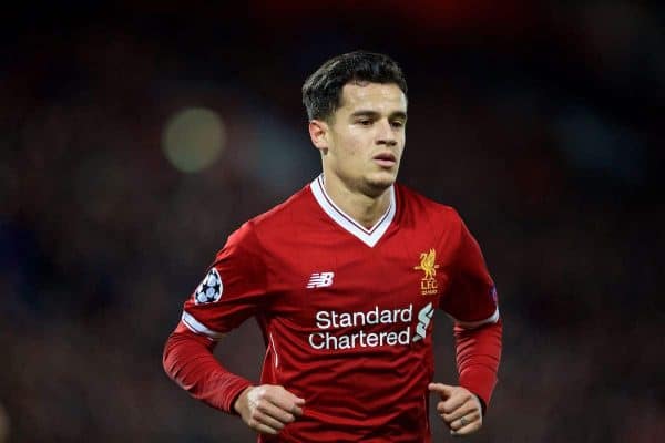 LIVERPOOL, ENGLAND - Wednesday, December 6, 2017: Liverpool's Philippe Coutinho Correia during the UEFA Champions League Group E match between Liverpool FC and FC Spartak Moscow at Anfield. (Pic by David Rawcliffe/Propaganda)