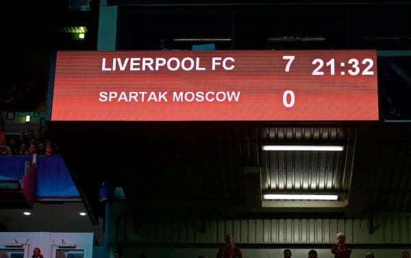 LIVERPOOL, ENGLAND - Wednesday, December 6, 2017: Liverpool's scoreboard records the 7-0 victory over FC Spartak Moscow during the UEFA Champions League Group E match between Liverpool FC and FC Spartak Moscow at Anfield. (Pic by David Rawcliffe/Propaganda)