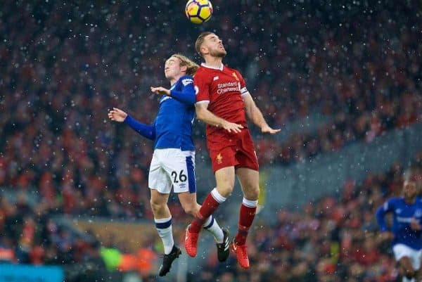 LIVERPOOL, ENGLAND - Sunday, December 10, 2017: Liverpool's captain Jordan Henderson and Everton's Tom Davies during the FA Premier League match between Liverpool and Everton, the 229th Merseyside Derby, at Anfield. (Pic by David Rawcliffe/Propaganda)