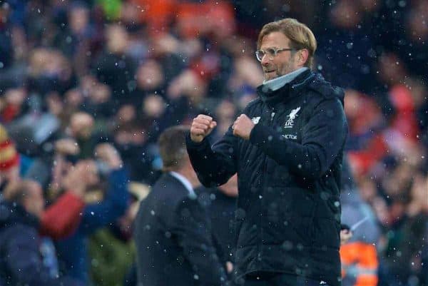 LIVERPOOL, ENGLAND - Sunday, December 10, 2017: Liverpool's manager Jürgen Klopp celebrates as Mohamed Salah scores the first goal during the FA Premier League match between Liverpool and Everton, the 229th Merseyside Derby, at Anfield. (Pic by David Rawcliffe/Propaganda)