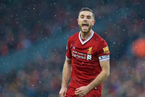 LIVERPOOL, ENGLAND - Sunday, December 10, 2017: Liverpool's captain Jordan Henderson during the FA Premier League match between Liverpool and Everton, the 229th Merseyside Derby, at Anfield. (Pic by David Rawcliffe/Propaganda)