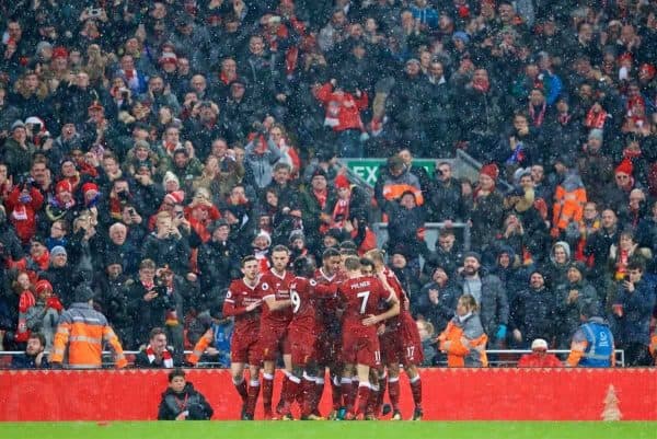 LIVERPOOL, ENGLAND - Sunday, December 10, 2017: Liverpool's Mohamed Salah celebrates scoring the first goal during the FA Premier League match between Liverpool and Everton, the 229th Merseyside Derby, at Anfield. (Pic by David Rawcliffe/Propaganda)