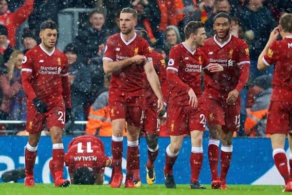 LIVERPOOL, ENGLAND - Sunday, December 10, 2017: Liverpool's Mohamed Salah celebrates scoring the first goal during the FA Premier League match between Liverpool and Everton, the 229th Merseyside Derby, at Anfield. (Pic by David Rawcliffe/Propaganda)