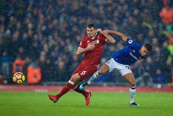 LIVERPOOL, ENGLAND - Sunday, December 10, 2017: Liverpool's Dejan Lovren and Everton's Dominic Calvert-Lewin during the FA Premier League match between Liverpool and Everton, the 229th Merseyside Derby, at Anfield. (Pic by David Rawcliffe/Propaganda)