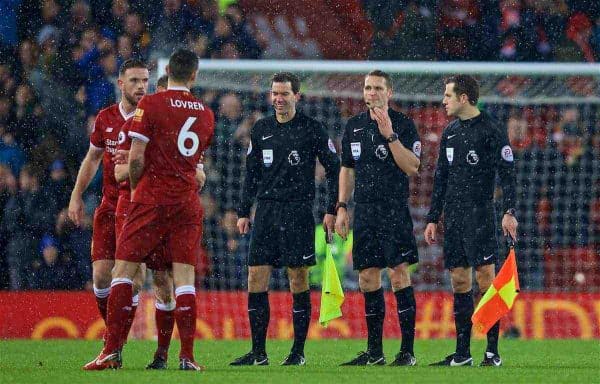 LIVERPOOL, ENGLAND - Sunday, December 10, 2017: Liverpool's Dejan Lovren has words with referee Craig Pawson and his officials after the FA Premier League match between Liverpool and Everton, the 229th Merseyside Derby, at Anfield. (Pic by David Rawcliffe/Propaganda)