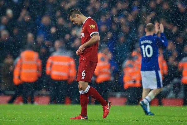 LIVERPOOL, ENGLAND - Sunday, December 10, 2017: Liverpool's Dejan Lovren walks off dejected after his push handed Everton a penalty from which they scored an undeserved equalising goal, scored by Wayne Rooney, during the FA Premier League match between Liverpool and Everton, the 229th Merseyside Derby, at Anfield. (Pic by David Rawcliffe/Propaganda)