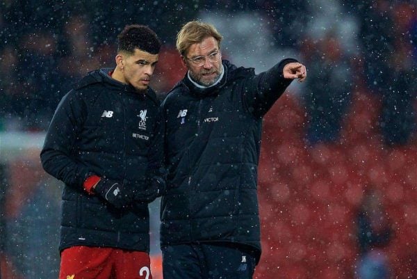 LIVERPOOL, ENGLAND - Sunday, December 10, 2017: Liverpool's manager Jürgen Klopp speaks with Dominic Solanke after the FA Premier League match between Liverpool and Everton, the 229th Merseyside Derby, at Anfield. (Pic by David Rawcliffe/Propaganda)