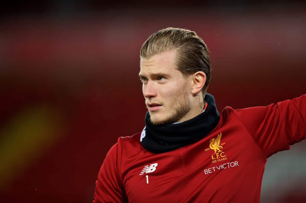 LIVERPOOL, ENGLAND - Wednesday, December 13, 2017: Liverpool's goalkeeper Loris Karius during the pre-match warm-up before the FA Premier League match between Liverpool and West Bromwich Albion at Anfield. (Pic by David Rawcliffe/Propaganda)